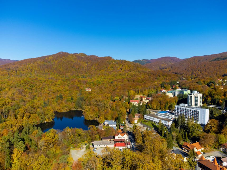 Lake Ursu from Sovata resort - Romania in autumn