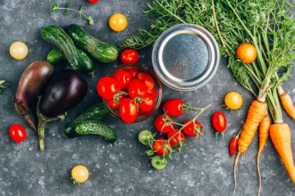 Petite Veggie Bounty. Mini-vegetables, fresh carrots, cherry tomatoes, tiny cucumbers, eggplants